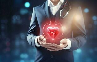 A doctor holding a red heart and a modern virtual screen interface with medical icons representing the connection between service and medical technology. photo