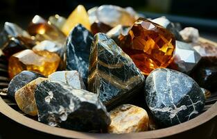 Natural stones from Brazil, gold, silver, rough diamond, and hematite. Brazilian mineral extraction concept, industrial or decorative stones. photo
