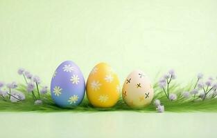 Colorful easter eggs with flowers and green grass. Easter eggs disappear on a light yellow background. photo