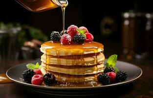 Stack of fresh fluffy pancakes decorated on top with forest berries rotating on a plate and pouring honey syrup. Delicious, healthy. Fresh bakery concept. photo