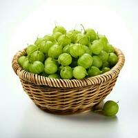 Green gooseberry in a basket on a white round wooden table, Beautiful white background. photo