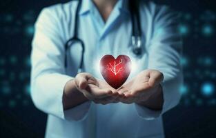 A doctor holding a red heart and a modern virtual screen interface with medical icons representing the connection between service and medical technology. photo