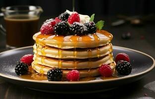 Stack of fresh fluffy pancakes decorated on top with forest berries rotating on a plate and pouring honey syrup. Delicious, healthy. Fresh bakery concept. photo