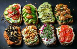 Enjoy a healthy protein toast topped with avocado, salmon, eggs, vegetables, tomatoes, herbs, pine nuts, sunflower seeds, and cream cheese, all on a bed of marble. photo