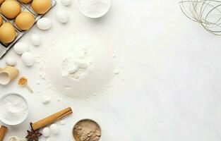 Baking background. Cooking ingredients for dough, eggs, flour, sugar, butter, rolling pin on white style kitchen photo