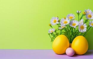 vistoso Pascua de Resurrección huevos con flores y verde césped. Pascua de Resurrección huevos desaparecer en un ligero amarillo antecedentes. foto