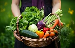 A farmer holds a basket of vegetables including cabbage, carrots, cucumbers, radish and peppers with nature in the background. The concept is about biological, organic products, eco-friendliness. photo