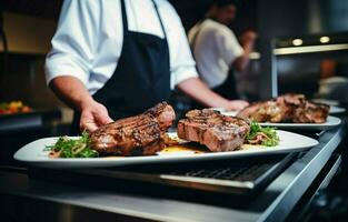 Two chefs in a modern restaurant kitchen prepare grilled pork ribs and beef steak with herbs, ready to serve and eat. photo