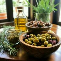 White wooden bowl with a variety of olives and rosemary in oil. photo