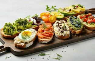 Enjoy a healthy protein toast topped with avocado, salmon, eggs, vegetables, tomatoes, herbs, pine nuts, sunflower seeds, and cream cheese, all on a bed of marble. photo