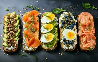 Superfood protein toast with delicious toppings on top avocado, salmon, eggs, vegetables, tomatoes, herbs, and cream cheese on a marble surface. Long wide banner with copy space. photo