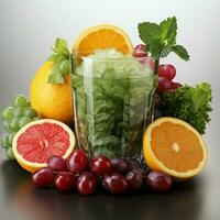 Fresh juice pours from fruit and vegetables into the glass isolated on white background photo