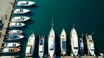 A top-down aerial view of sailboats and yachts docked at the yacht club. photo