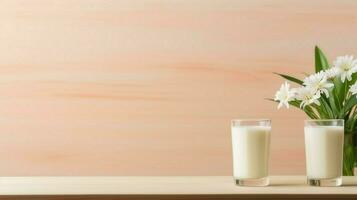 dos vaso de Leche con flor en un de madera mesa en un rosado fondo, nutritivo y sano lechería productos concepto. foto