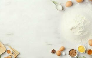 Baking background. Cooking ingredients for dough, eggs, flour, sugar, butter, rolling pin on white style kitchen Generative AI photo