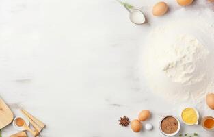 Baking background. Cooking ingredients for dough, eggs, flour, sugar, butter, rolling pin on white style kitchen photo