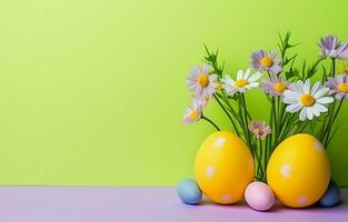 Colorful easter eggs with flowers and green grass. Easter eggs disappear on a light yellow background. photo