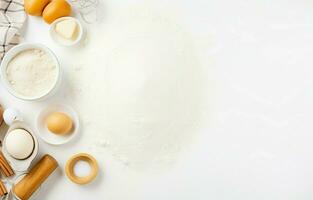 Baking background. Cooking ingredients for dough, eggs, flour, sugar, butter, rolling pin on white style kitchen photo