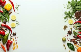 Flying set of colorful spices peppers, chili, garlic, laurel leaf, and herbs in the air isolated on a white background. top view, with copy space. photo