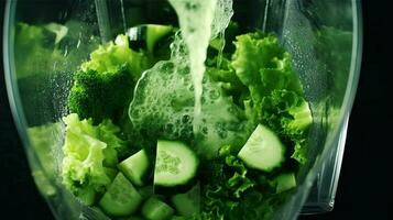 Fresh organic vegetables being blended with clear water in a transparent mixer bowl viewed from the top. Preparing a smoothie on a gray background in super slow motion. photo