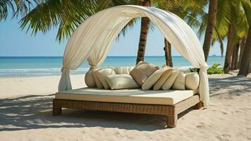 relajarse en un cómodo salón cama con pabellón en el hermosa tropical playa paisaje. foto