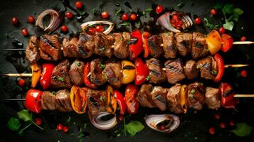 Most important meat dish of Turkish cuisine kebabs is a rich product that is cooked on embers Shish kebab with mushrooms, cherry tomato, and sweet pepper, Grilled meat skewers. Top view. Generative AI photo