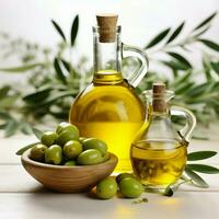 There is a bottle of olive oil that is isolated on a white background. photo