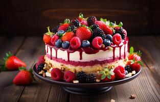 Delicious raspberry cake with fresh strawberries, raspberries, blueberries, currants, and pistachios on wooden background photo
