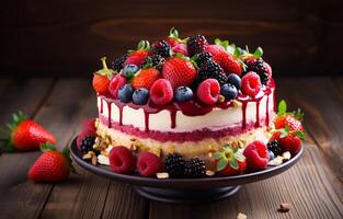 Delicious raspberry cake with fresh strawberries, raspberries, blueberries, currants, and pistachios on wooden background Generative AI photo