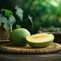verde corona almizcle melón en borroso verdor fondo, Cantalupo corona melón Fruta en bambú estera en de madera mesa en jardín generativo ai foto
