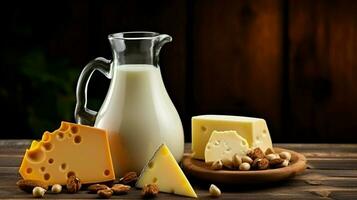 Wedge of Swiss cheese with jug of milk on an old wooden table. Close-up of board with cheese, milk jug, nuts and honey on a dark background photo