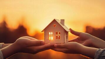 Men and women are holding a paper house against a sunset background. photo