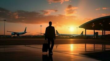 un silueta de un empresario que lleva un bolso mientras caminando en un aeronave estacionamiento zona durante puesta de sol. foto