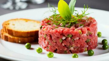 sabroso filete tartar crudo carne de vaca - clásico filete tartar en blanco plato increíble antecedentes. foto