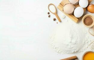 Baking background. Cooking ingredients for dough, eggs, flour, sugar, butter, rolling pin on white style kitchen photo
