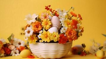 Easter Eggs and spring flowers in a basket on a table over yellow background. Excellent Rotation Beautiful colorful eggs decorated and painted. photo