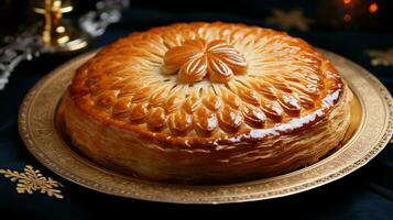 Epiphany Twelfth Night Cake, Almond Galette des Rois, Cake of the Kings, close up. photo