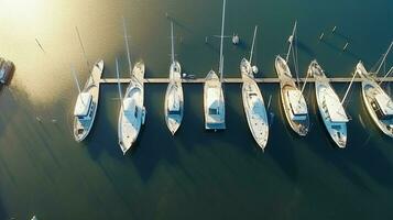 A top-down aerial view of sailboats and yachts docked at the yacht club. photo