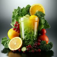 Fresh juice pours from fruit and vegetables into the glass isolated on white background photo