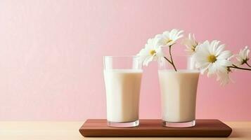 Two glass of milk with flower on a wooden table in a pink background, nutritious and healthy dairy products concept. photo
