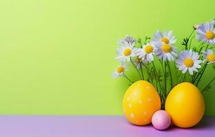 vistoso Pascua de Resurrección huevos con flores y verde césped. Pascua de Resurrección huevos desaparecer en un ligero amarillo antecedentes. foto