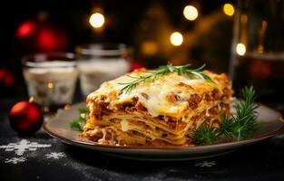 Close-up of a delicious hot lasagna with Christmas decor on a light background. It's a traditional Italian dish made with homemade pasta. photo