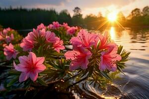 Azalea, sunrise flowers water landscape zoom close up color fragrant beautiful rare pink Generative AI photo