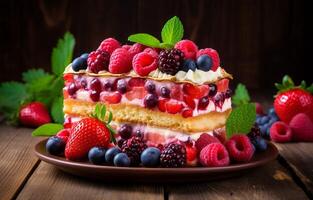 Delicious raspberry cake with fresh strawberries, raspberries, blueberries, currants, and pistachios on wooden background photo