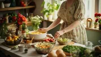 Women prepare festive dinners, and Easter brunch. Traditional Easter dishes on the family home table - baked meat, quiche, spring salad, muffin, colored eggs, hot cross buns. photo