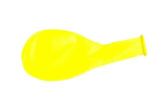 Deflated yellow  balloon, isolated on white background. Concept,  toy and equipment to play fun games or prepare party. Teaching material or do easy science experiment. photo