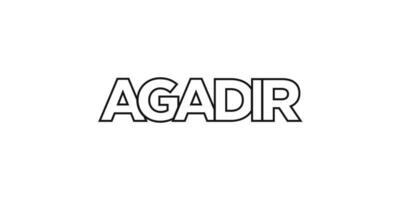 Agadir in the Morocco emblem. The design features a geometric style, vector illustration with bold typography in a modern font. The graphic slogan lettering.