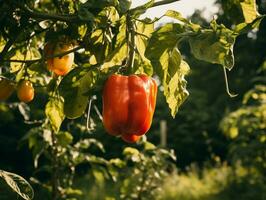 bell pepper hanging on tree in garden Generative AI photo