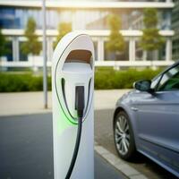 Eco power is an electric vehicle charging station that supplies power cables, promoting green energy and the EV car concept. photo