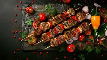 Most important meat dish of Turkish cuisine kebabs is a rich product that is cooked on embers Shish kebab with mushrooms, cherry tomato, and sweet pepper, Grilled meat skewers. Top view. Generative AI photo